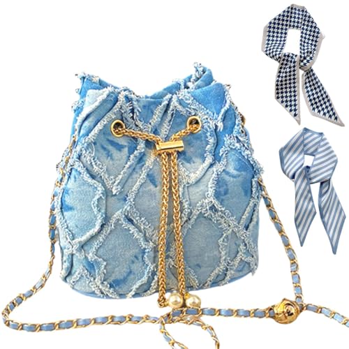 Denim Bucket Bag Quilted Drawstring Denim Purses for Women with 2 Fashionable Hair Scarves, Lightweight Crossbody Clutch Jean Handbag
