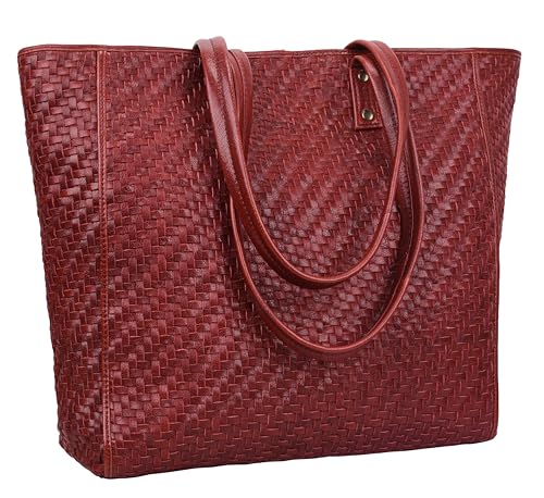 ANTONIO VALERIA Alexis Leder-Tragetasche mit Tragegriff für Damen, Geflochtenes Rot, Medium, Umhängetasche