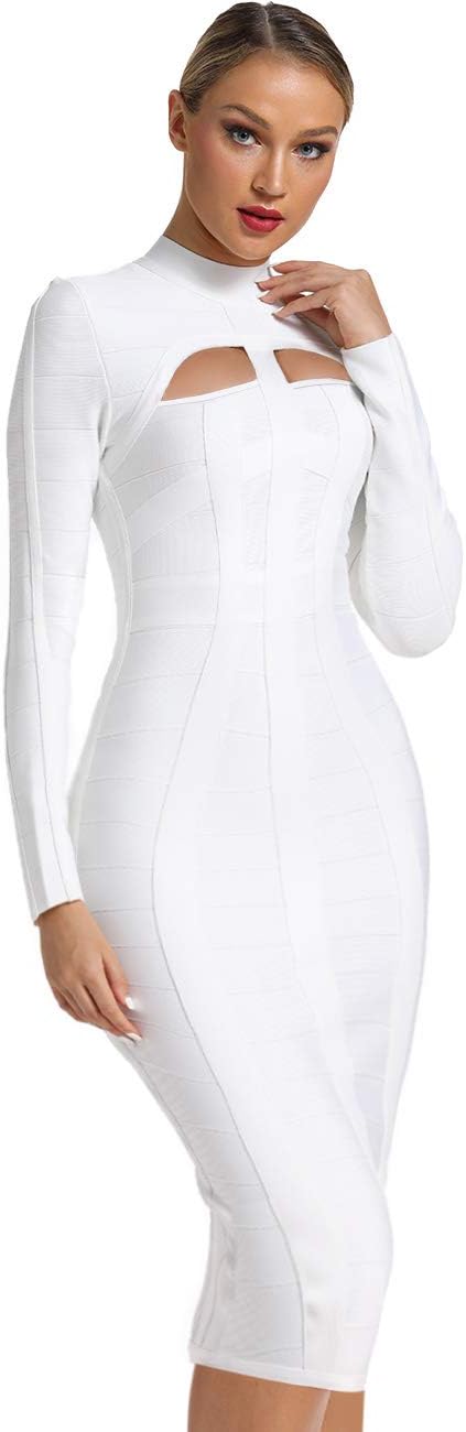 UONBOX Women's Sexy Cut Out Long Sleeves Midi Bodycon Party Bandage Dress - Image 2