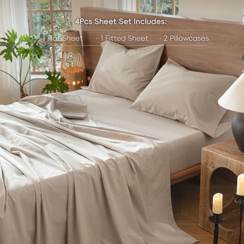 Image of MooMee Bedding Sheet Set 100% Washed Cotton Linen Like Textured Breathable Durable Soft Comfy (Heathered Tannish Linen Grey, King)