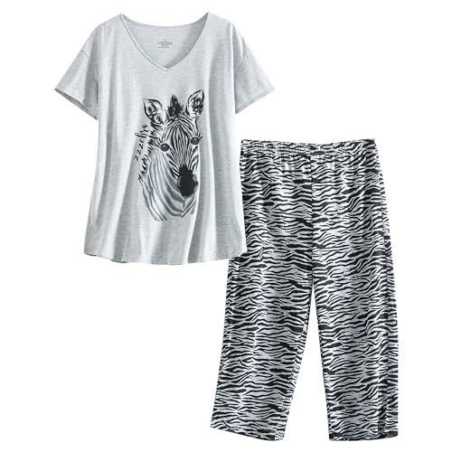 Image of PNAEONG Women Pajama Set Sleepwear Tops with Capri Pants Casual and Fun Prints Pajama Sets