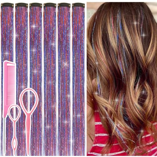 Hair Tinsel Clip in Red-Blue Fairy Hair Tinsel Kit 12 Pcs 24 Inch Glitter Clip in Hair Extensions for Girls Women Kids Christmas New Year Festival Party (Red-Blue)