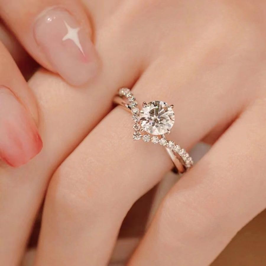 Crown-Inspired Moissanite Engagement Ring for Women, 4-Prong Solitaire with Pave Accents, Silver-Tone Adjustable Band3