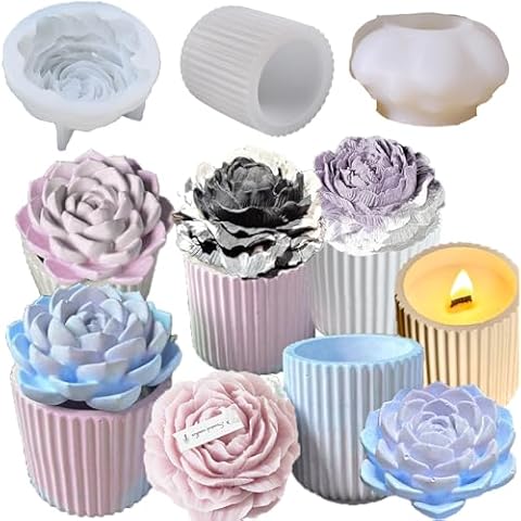 Succulent & Peony Flower Candle Soap Silicone Mold,Concrete Molds for Candles,Candle Jar Concrete Mold Lid with Succulent Peony Molds for Lids, Flat Cap Mold,Concrete Candle Molds for Candle Making Cover