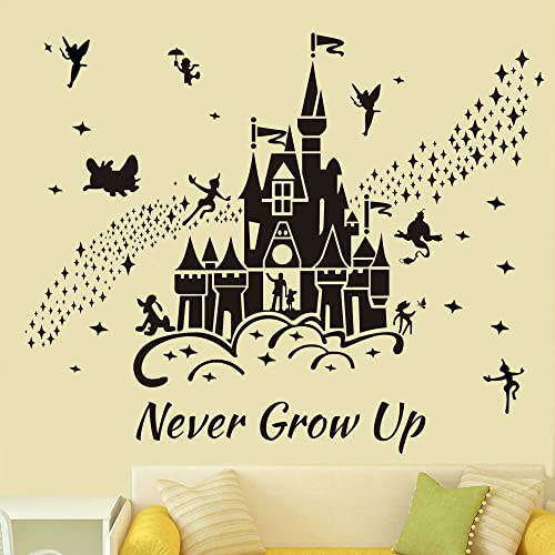 Image of Supzone Castle Wall Stickers Fairy Tale Castle Wall Decal Never Grow Up Quotes Stars Wall Decor DIY Mural Art for Baby Nursery Room Kids Bedroom Playroom-Black