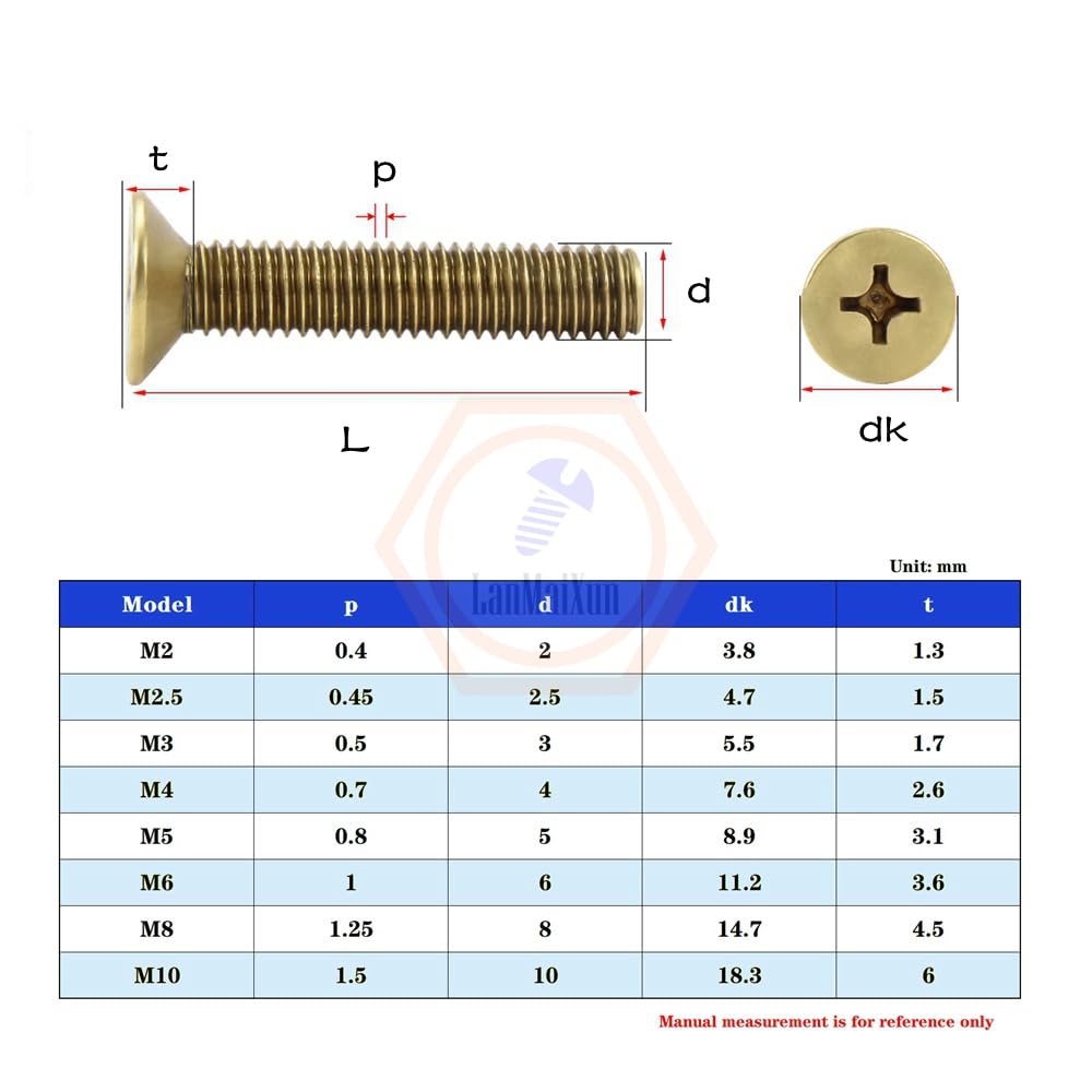 10pcs M8×16mm Brass Cross Flat Head Screws, Phillips countersunk Head Screws