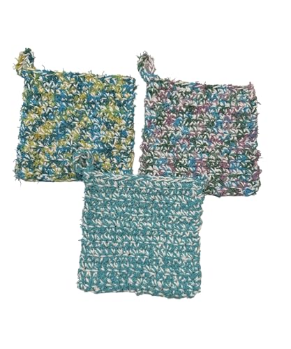 Handmade Double Strand Square Dish Cloth and Scrubber in one - Ivory with Aqua - Set of 3 - Reusable - Sponge - Pot Scrubber - Scouring Pad - Kitchen Helper