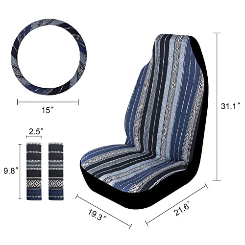 Mictoc Baja Car Seat Covers 5Pcs Blue Saddle Blanket Striped Woven Boho Front Seat Covers Ethnic Style With 15" Steering Wheel Cover Universal Fit Cars, Sedan, Van #TOP3