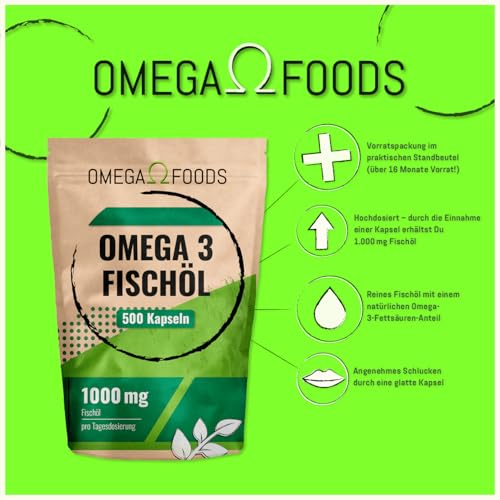 Omega 3 Fischöl Kapseln – 500 Kapseln Hochdosiert – 1000mg Fischöl und 350mg Omega3 Fettsäuren Pro Kapsel im 500er Sparpaket