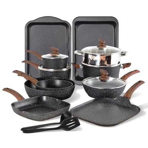 DishDelight Induktions Töpfe Set 17 teiliges Pfannenset Antihaft Topfset und Pfannen Set Granit Beschichtung Schwarz Cookware Kochtopf Bratpfanne mit Glasdeckeln