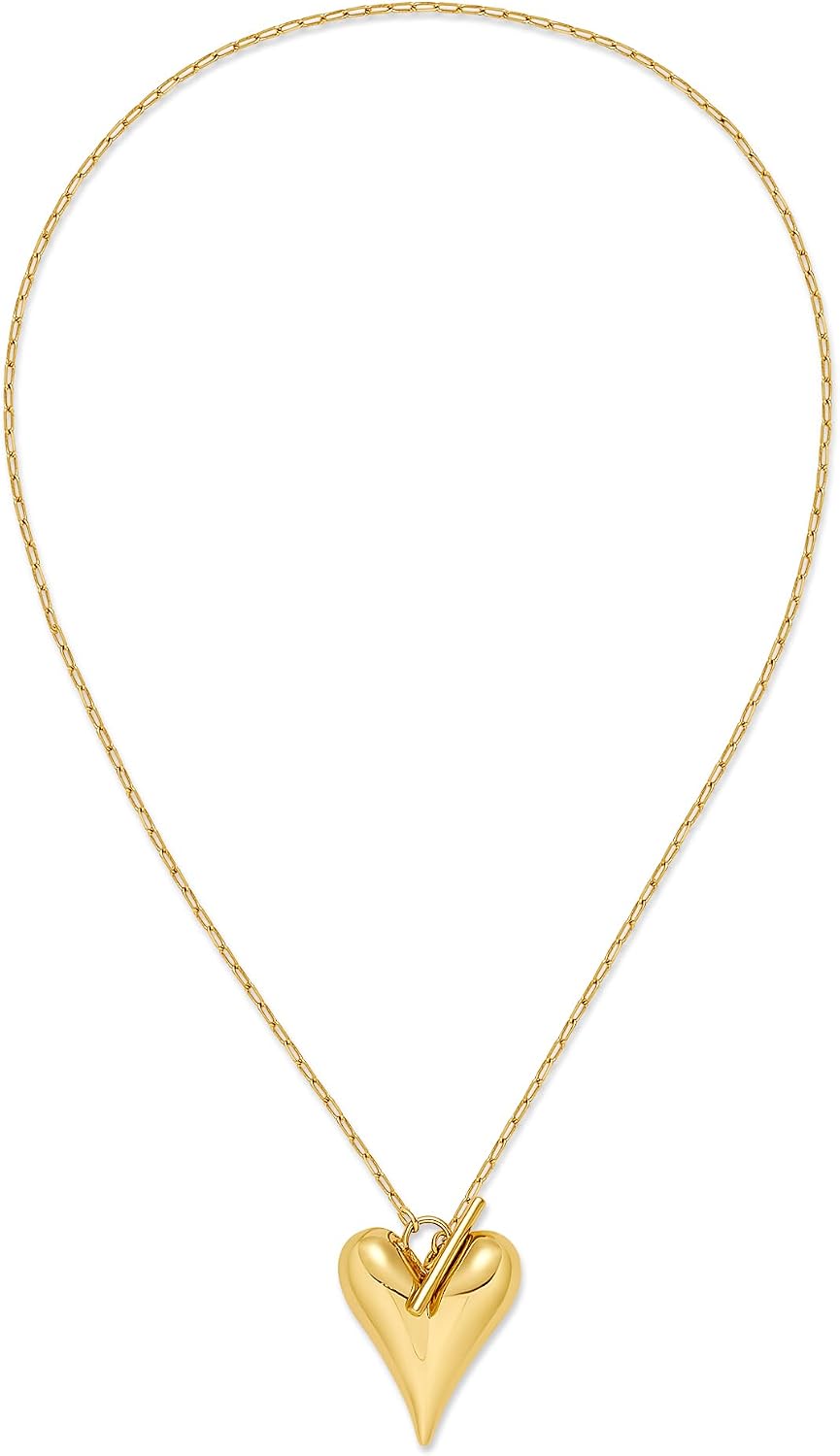 YUJIE Chunky Gold Heart Necklace for Women, 3D Polished Puffy Heart Pendant Paperclip Link Chain Toggle Clasp Statement Jewelry
