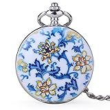 Whodoit Unique Design Blue and White Porcelain Flower Pocket Watches Roman Number Mechanical Pocket