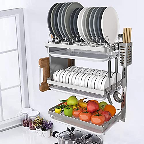 dsmsdre Escurreplatos De Acero Inoxidable para Fregadero, Escurridor De Pared para Cocina, con Bandeja De Goteo De 3 Niveles, Instalación Perforada.