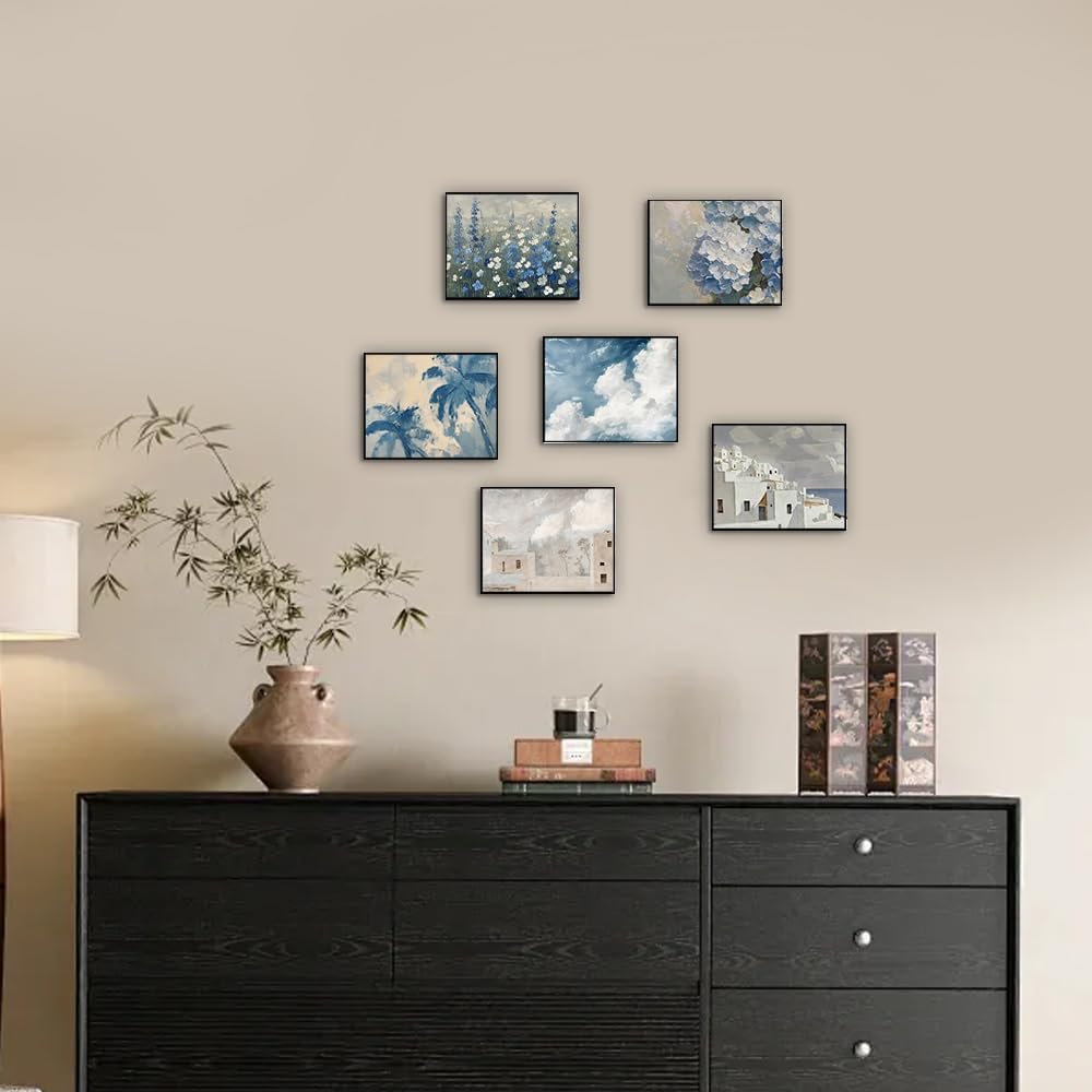 QPOKLAF Beach Wall Art Prints Living Room Blue Wall Decor,Vintage Landscape Art Posters Home Dorm Farmhouse Aesthetic Set of 6 (8x10inch,Unframed)