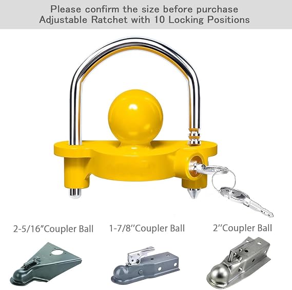Trailer Hitch Lock for 1-7/8 2-5/16 2 Couplings with 2 Keys, Tow Ball Hitch Lock Adjustable Universal Coupler Lock with 10 Locking Positions for Caravans Trailers