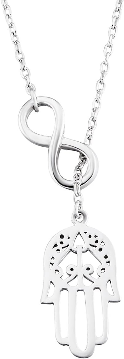Ladytree 925 Sterling Silver Infinity Hamas Hand Evil Eye Pendant Rolo Chain Necklace, 16"+1.5"