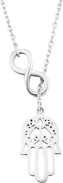Hand of Hamsa Necklace 925 Sterling Silver Infinity Good Luck Hamsa Fatima Hand Pendant Necklace with 17.5" Rolo Chain