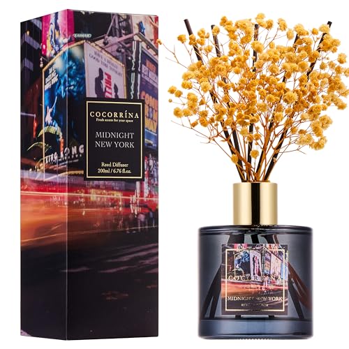 Image of COCORRINA Reed Diffuser - Midnight New York 6.7 Fl.oz Reed Diffuser Set with 8 Sticks & Preserved Baby's Breath, Reed Diffuser for Home Bathroom Shelf Decor