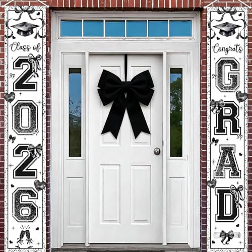 AIBIIN Black Bow 2026 Graduation Porch Banner Coquette Class of 2026 Graduation Door Porch Signs Congrats Grad Hanging Banner for High School College Graduation Party