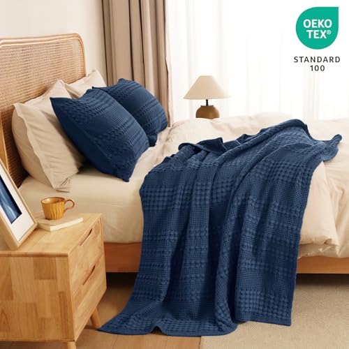 Image of PHF 100% Cotton Waffle Throw Blanket for Couch, Lightweight Breathable and Soft for Summer, Luxury Aesthetic Waffle Weave Blanket for Home Decor & Office, Gifts for Women, 50 inchx60 inch, Bright Navy