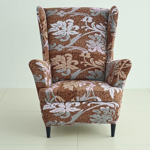 Image of HOKIPO Polyester Blend 140 GSM Fully Covered Wingback Chair Cover, Rich Chocolate Damask Floral (AR-5135-D12)