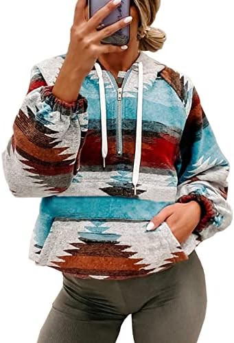 COWOKA Women's Aztec Print Pattern Western Ethnic Half Zip Long Sleeve Pullover Hoodie Sweatshirt Red XL