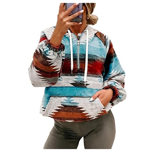 COWOKA Women's Aztec Print Pattern Western Ethnic Half Zip Long Sleeve Pullover Hoodie Sweatshirt Red M
