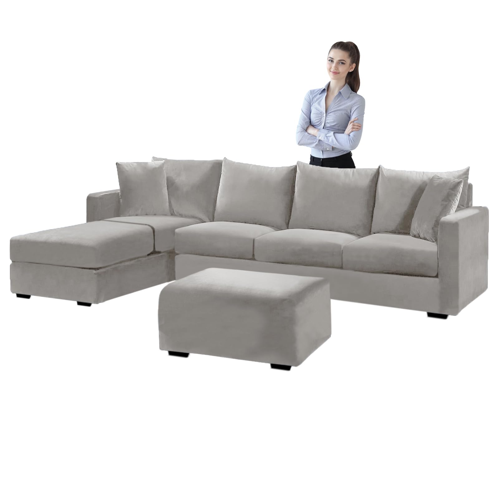 SYLC Velvet Sofa Covers L Shape, Stretch Corner Sofa Cover with Cushion Covers, Couch Cover Friheten Cover for U Sectional Sofa (Light grey,Stool Square-S) โ image 1