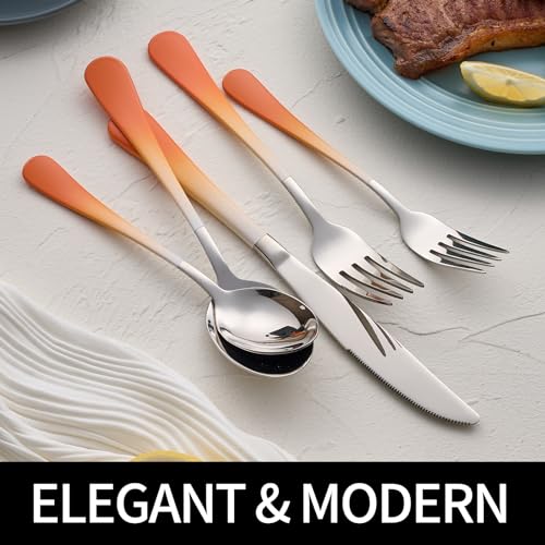 DINYWOW 20-Pieces Color Silverware Sets for 4,Orange and white Handle Stainless Steel Cutlery Set, Include Forks Spoons and Knives Set, Dishwasher Safe Utensil Sets for Home Restaurant by DINYWOW - Used condition - Image 4