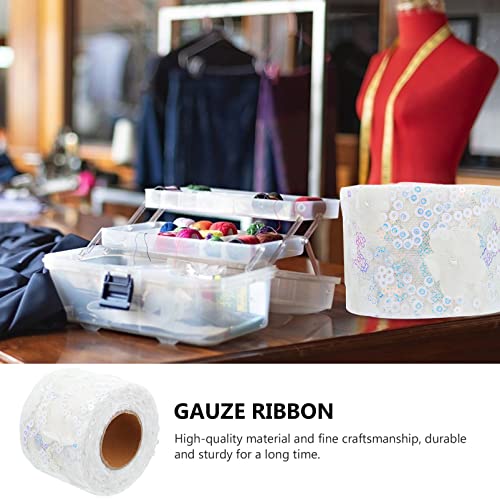 Ciieeo 1 Roll Decorative Tulle Webbing Bow Making Ribbon Wreath Making Supplies Lace Trim Fabric Sequin Flower Pattern Voile Ribbon Mesh Bride Polyester Packaging Tape Twine White - Image 4