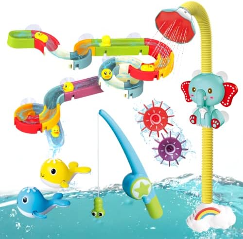 Cmartlarge Bath Toys,Bath Toys for Toddlers 1-3,Bathtub Toy with Shower and Yellow Duck Slide Wall Track,Wind Up Whale Fishing Game Fun Birthday Gift for Baby Boys & Girls