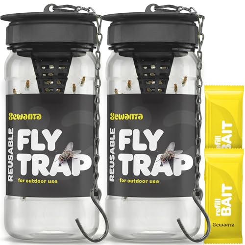 Outdoor Fly Trap [2 Pack] Fly Traps Outdoor with Dissolvable Non-Toxic Bait - Controls Flies for Patios, Hanging Fly Traps with Tie Included