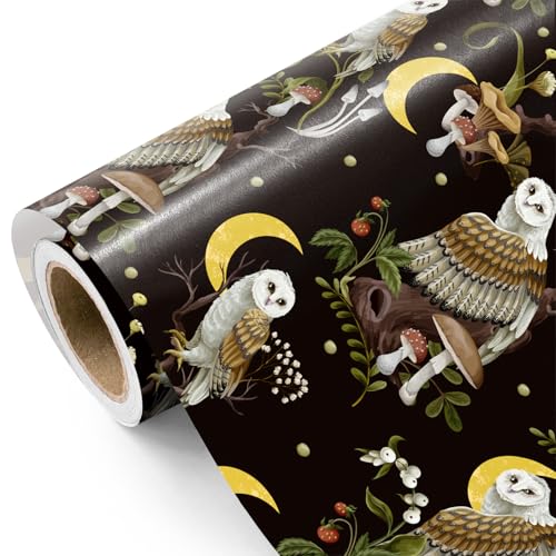 WRAPAHOLIC Owl Christmas Wrapping Paper - Mini Roll - 17 Inch x 16.5 Feet - Mystical Moon, Mushroom