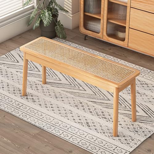 Banco de ratán tejido de granja de madera maciza rústica para 2 bancos de comedor rectangulares, ideal para sala de estar, dormitorio, balcón, mesa de cama.