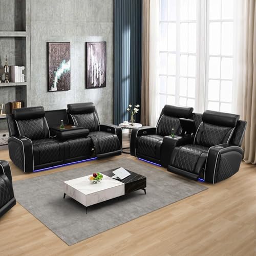 SIENWIEY Leather Recliner Couch Set with LED Lights，Black Power Reclining Sofa and Loveseat Set with USB Charging，Reclining Couch Set with Cup Holders for Living Room Home Theater（Sofa+Loveseat）