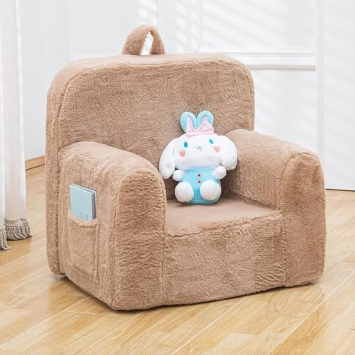 Image of SUFUS Snuggly-Soft Cuddly Toddler Plush Armchair for Boys and Girls Fuzzy Plush Kids Sofa Couch Reading Chair with Children Friendly Handle for Easy Movement & Double Pockets for Good Storage, Camel