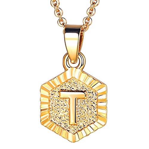 FOCALOOK Initial Necklace Yellow Charm 18K Gold Plated Small Hexagon Capital Letter T Pendant Necklaces for Women FOCALOOK Initial Necklace Yellow Charm 18K Gold Plated Small Hexagon Capital Letter T Pendant Necklaces for Women