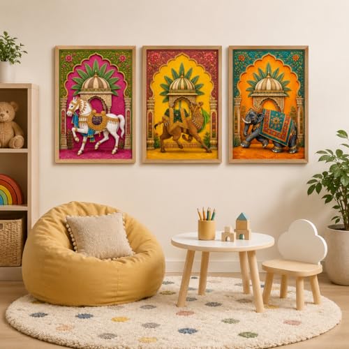 Image of Livin'luxe Set of 3 Royal Animal Palace Wall Paintings for Living Room Bedroom Hallway Decor with Premium Wooden Color Synthetic Frame (13.5 x 19.5 Inch) NM03-98
