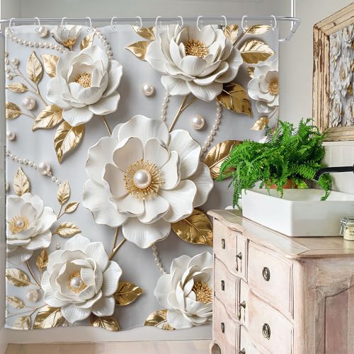 Homewelle White Gold Flower Shower Curtain Golden 3D Floral Leaves Plants Modern Luxury Elegant Contemporary Minimalist Aesthetic 72Wx72H Inch Women Girls Waterproof Polyester Fabric Bathroom Bathtub by Homewelle - Used condition - Image 4