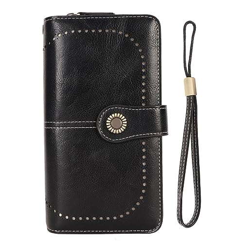 Blocking Leather Wallet, Large Capacity with Double Snap, Removable Wrist Strap, Secure and Stylish for Women (Black)