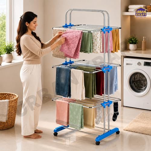 Image of URBAN KRAFT 3 Tier Stainless Steel Foldable Cloth Drying Stand | Premium Clothes Rack for Drying | Heavy Duty Clothes Dryer Stand | Laundry Racks for Drying - Indoor /Balcony