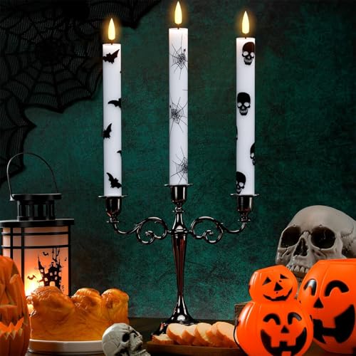 Image of Halloween Flameless Taper Candles Battery Operated with Remote and Timer, 3D Wick Flickering LED Taper Candles Skull Bats Spider Decals Dinner Table Halloween Lights(6 Pack, 0.78 x 9.64 inch)