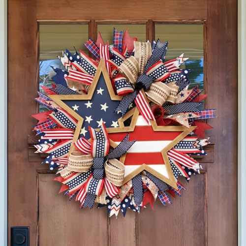 250th Anniversary Patriotic Wreath 4th of July Decorations Outdoor 16 American Flag Burlap Wreath 2026 New Patriotic Wreaths for Front Door Handcrafted Farmhouse Decor Memorial Day (A)