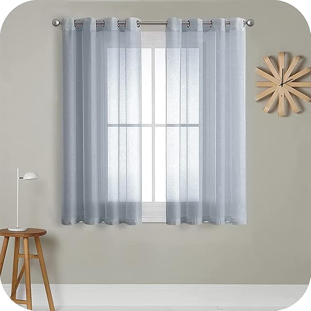 MRTREES Voile Curtains 54 Drop 2 Panels Faux Linen Grey Curtain for Bedroom Eyelet Short Sheer Curtains Panel for Living Room Patio Door 55x54 Drop 140cm x 137cm