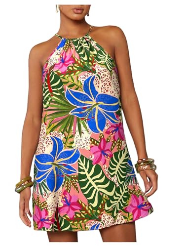 Image of SweatyRocks Women's Tropical Print Halter Dresses Sleeveless Holiday Summer Mini Dress