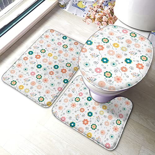 UBINYSS Badematte + Konturmatte + Toilettendeckelbezug, Süße kleine Blume 3 Stück Badematte Set, mit rutschfester Klebeunterseite