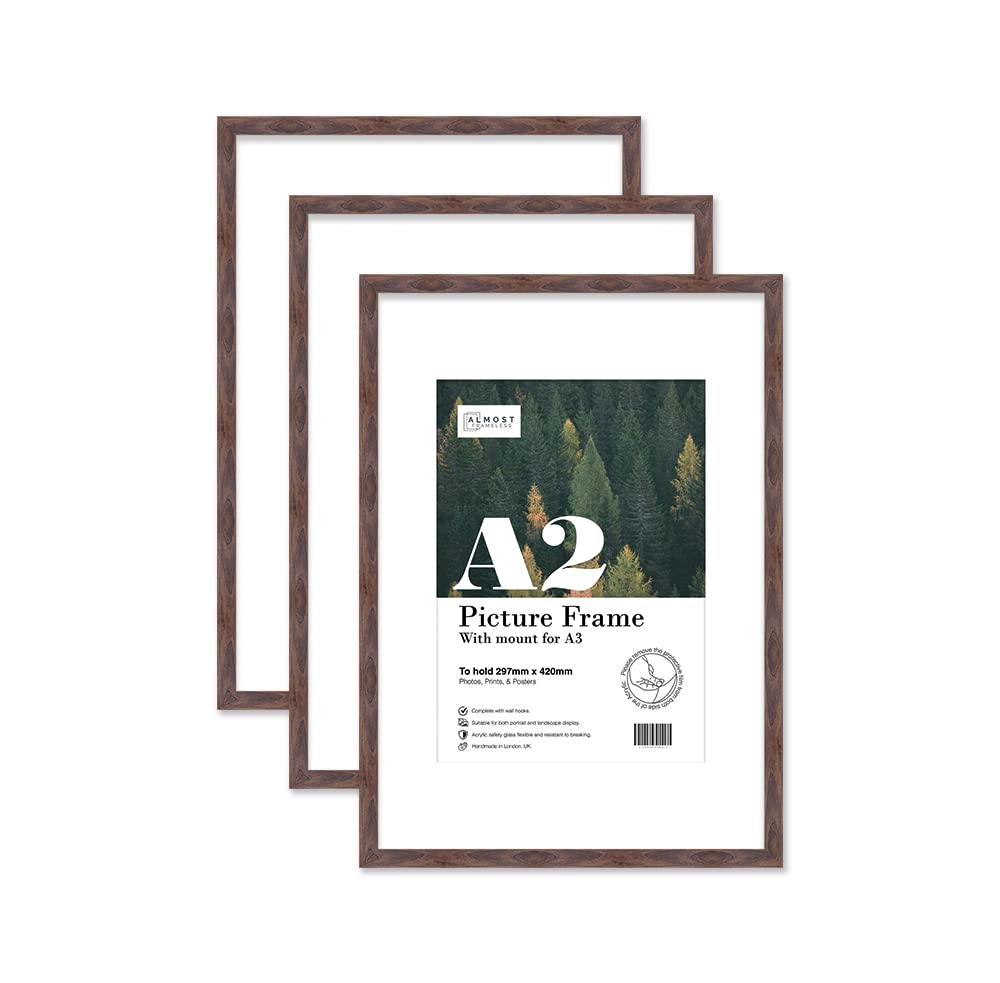 Almost Frameless Walnut A2 Picture Frame Set Of 3, Display A3 Pictures With Mount Or A5 Without Mount Gallery Wall, Poster, Photo, Artwork, Or Print,