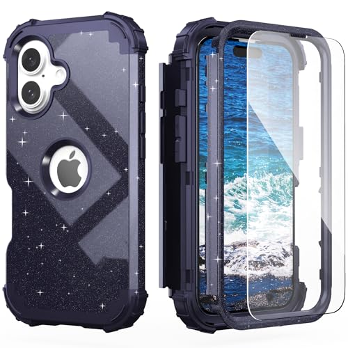 IDweel for iPhone 16 Plus Case with Screen Protector,Luxury 3 in 1 Shockproof Slim Fit Hybrid Heavy Duty Hard PC Cover Soft Silicone Bumper Full Body Anti-Fingerprint Case,Glitter Dark Blue