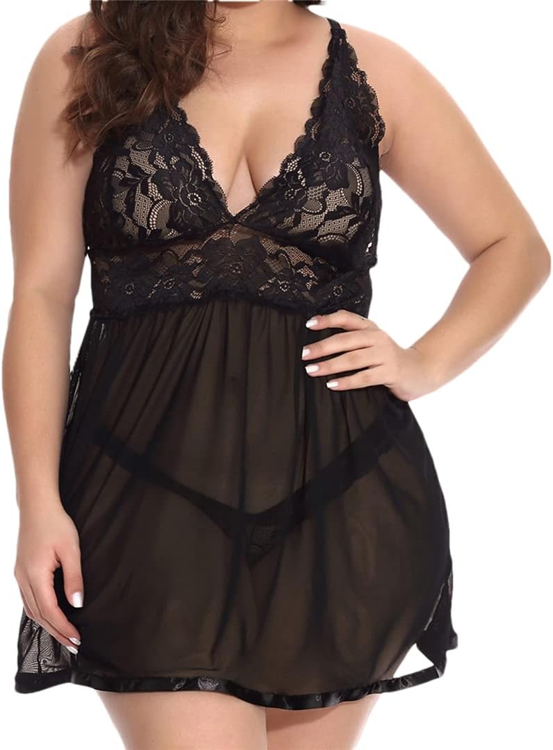 Hdhdeueh Women Sexy Off Shoulder Pajamas Lace One-Piece Erotic Nightdress