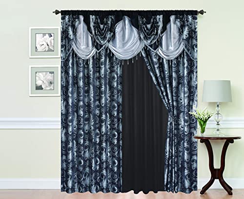 Golden Rugs Jacquard Luxus Vorhang Fenster Paneel Set Vorhang mit angenähtem Volant und Rückseite Schlafzimmer Wohnzimmer Esszimmer 284,5 x 213 cm Jana, Schwarz Cover